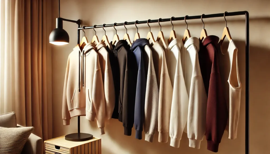 A collection of LuckoriX hoodies in various colors, hanging neatly on a rack.